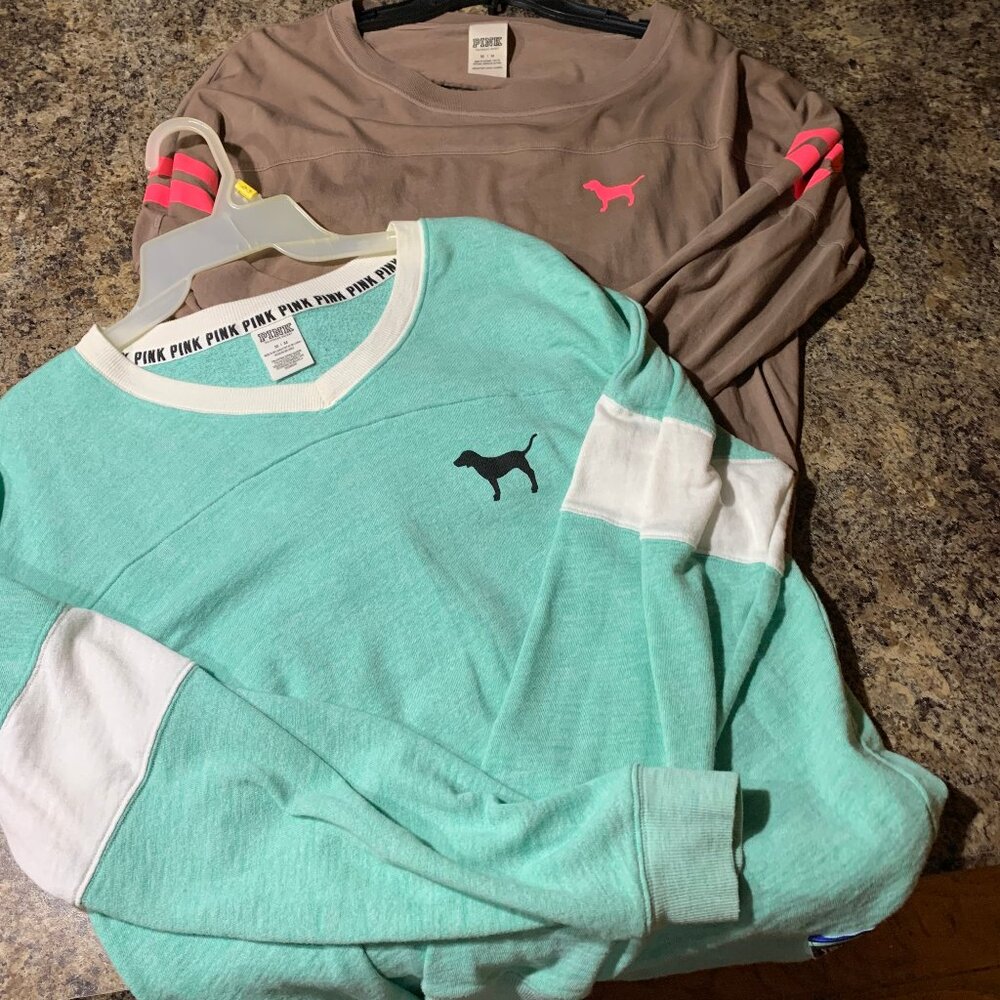 collection of 2 PINK long sleeve t-shirts/tops, colors mint & brown, size M